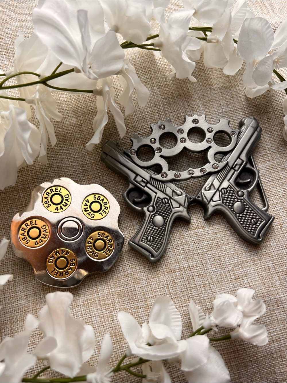 BUNDLE of Two Silver and Gold Military-Style Maximalist Belt Buckles
